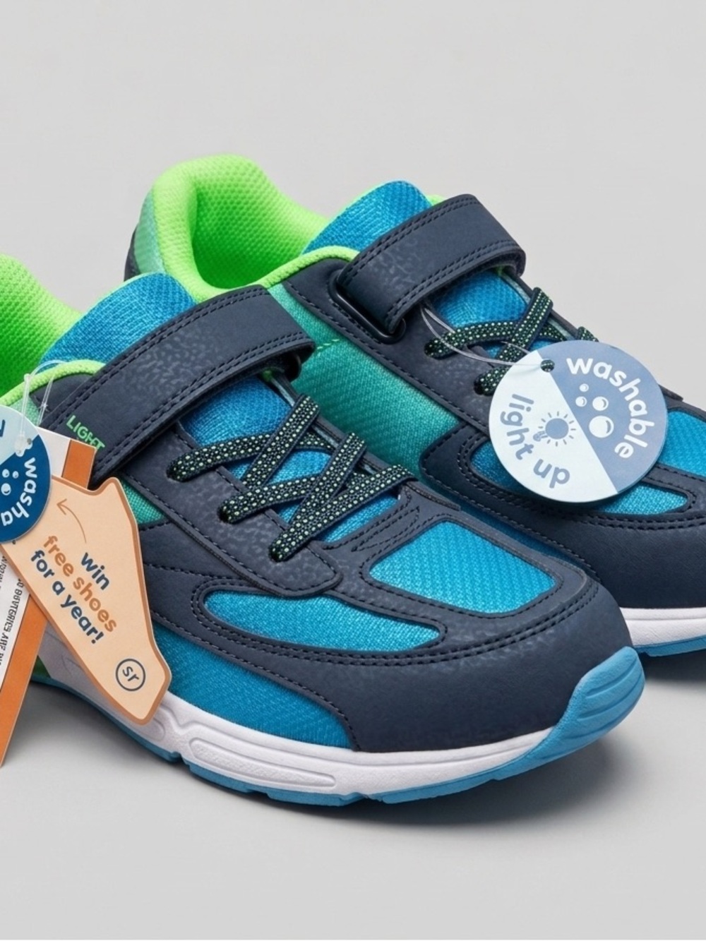 Stride Rite Kids Light-Up Sneakers in Blue and Navy with Neon Green Accents